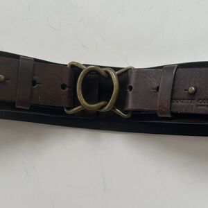 Wide Dark Brown Suede Belt with Brass Double-Ring Buckle by Kenneth Cole